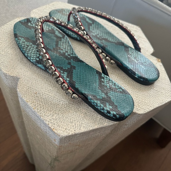 Tory Burch Teal and Black Snake Print Sandals - Picture 2 of 5